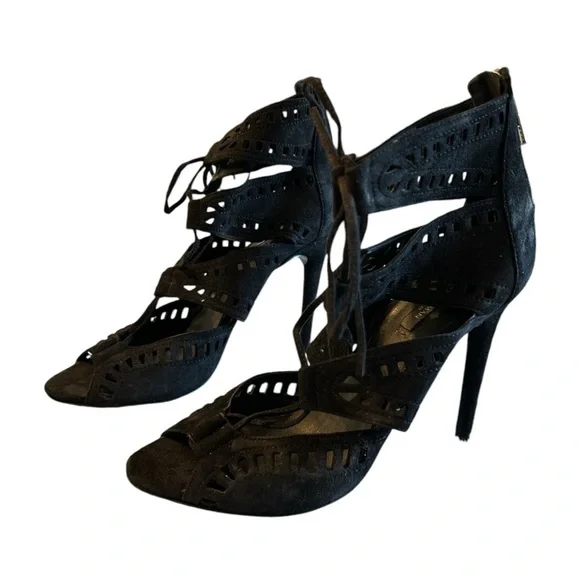 Zara Women's Black Lazer Cut Out Lace Up Shoes Heels Stilettos Size US 7.5 - Picture 4 of 7